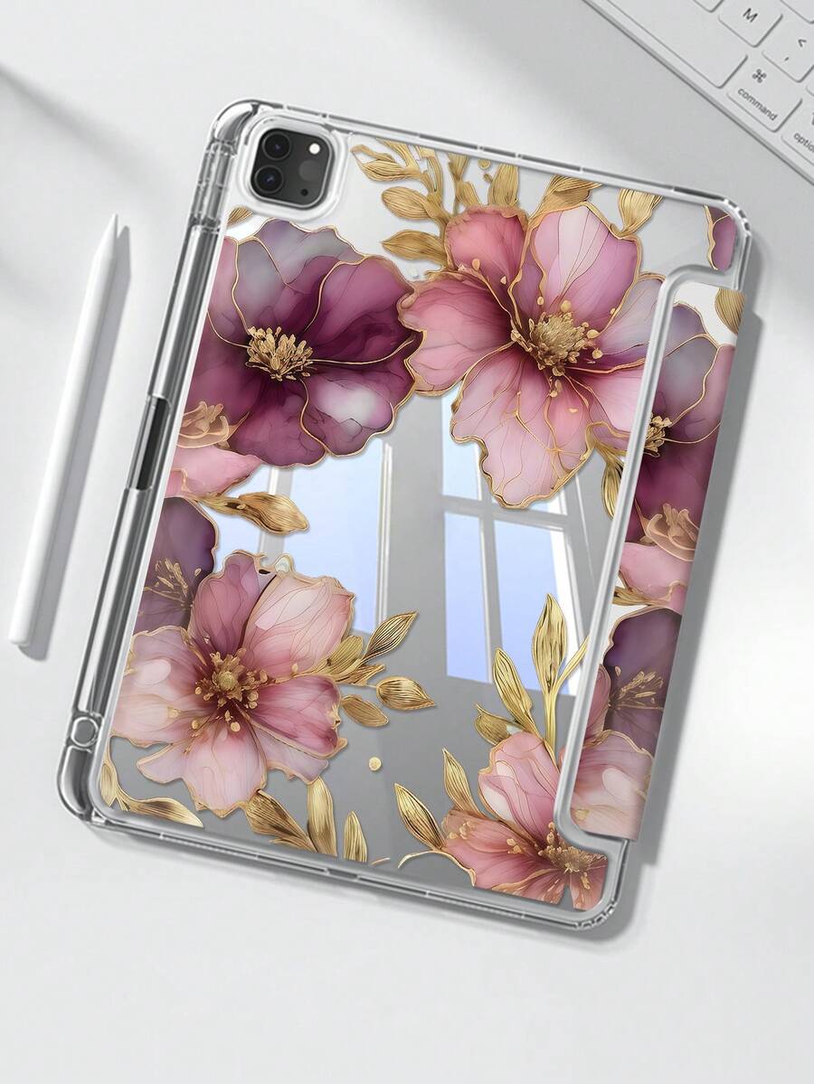 Elegant & Cute Cartoon Pink Gold-Plated Floral Double-Sided Acrylic Transparent Crystal Back Cover, Shock-Resistant And Durable, Suitable For IPad 7th, 8th And 10th Generation (10.2 Inch). It Has A Built-In Pen Slot, Supports Sleep/Wake Function And Multiple Folding Stand Modes. These Make Great Halloween And New Year Gifts. - Multicolor - View 1