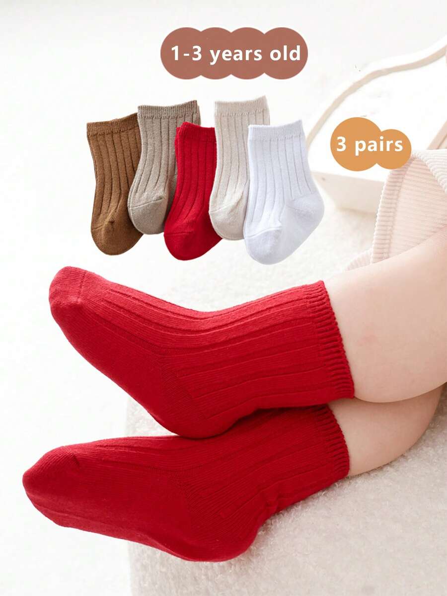 3 双婴儿纯色舒适中筒袜，适合 1-3 岁儿童日常穿着，秋冬季 - 彩色 - 查看 1