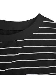 Women's Casual Black & White Striped Long Sleeve Sweatshirt, Comfortable & Minimalist Style, Autumn Spring - Black - View 6