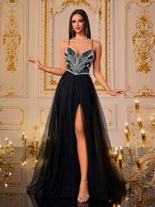 VIPGIRL SHEINXHannah 女士黑色亮片舞会礼服，性感高开叉薄纱晚礼服，奢华网眼正式长裙，优雅闪亮舞会礼服，女士婚礼宾客礼服，女士毕业礼服 - 黑色 - 查看 5