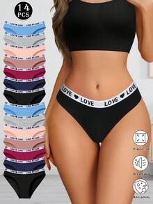 14 Pcs Fashion "LOVE" Letter Design  Underwear Women,Sexy Low-Waist  Women's Panties ,Fashion Solid Color Lingerie For Women ,Comfortable Sports Shorts Lingerie ,Ropa Interior Para Mujeres - 彩色 - 查看 1