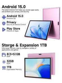 Coopers Android 15 Tablet, 10.1 Inch WIFI Tablet PC, 3GB RAM, 32GB ROM, Support 1TB Expandable, Quad-Core, 2.4G+5G WiFi, Dual Band WiFi6, HD IPS Screen, 2MP + 5MP Dual Camera, 1280 * 800 IPS HD Touch Screen,6000mAh Battery, Support Widevine L1(No Adapter) ﻿ - Pink - View 2