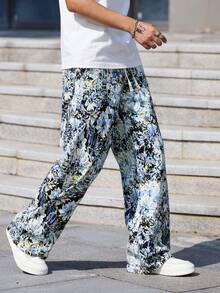 Men's Casual Fashion Versatile Street Style Hip-Hop Loose Floral Print Wide Leg Casual Pants - 藍色 - 查看 3