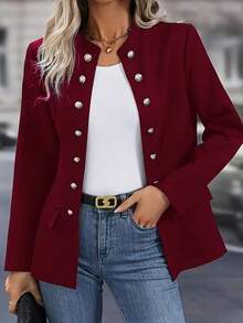 Women's Simple And Elegant Double-Breasted Button-Front Blazer - Women's Work Jacket. Stylish Long-Sleeved Jacket With Office-Style Faux Pockets. Black Polyester Jacket With Flap Pockets. Elegant Temperament Shows Unique Taste - Đỏ - Xem 5