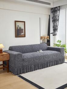 1pc Ruffled Sofa Cover, Plush Jacquard Fabric, European Style, Decorative Sofa Protector, Easy Installation, Dirt & Pet Scratch Resistant, Suitable For Living Room, Study, Office Sofa, All Season - Dark Grey - View 4