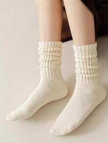 1 Pair Cream Colored Ribbed Slouch Socks For Women, Soft Cozy Vintage Ruffled Ankle Socks, Casual Daily Wear Comfortable Knit Socks