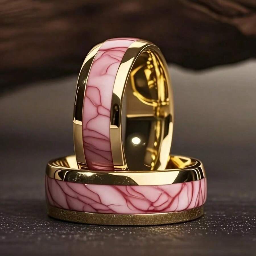 1 Pc Jewelry Accessories Fashion Stainless Steel Rings For Men Vintage Shell Inlay Imitation Turquoise/ Imitation Abalone Shell/ Inlay Brown Wood Men Rings Party Gift - Hồng - Xem 1