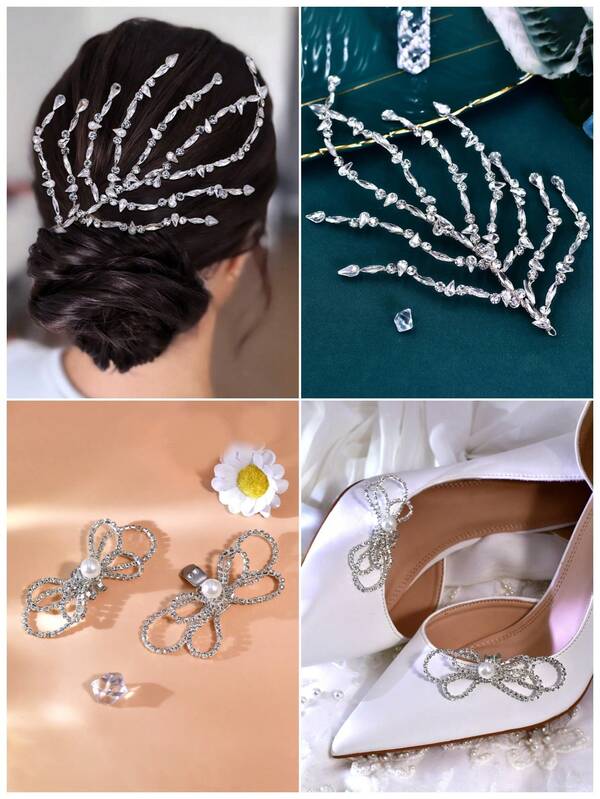 1 Set Sparkling Women's Rhinestone Headband, Shoe Clips, Faux Pearl Decor Bridal Hair Accessories, High Heel Wedding Shoes With Detachable Shoe Clips, Wedding Photography Party Accessories