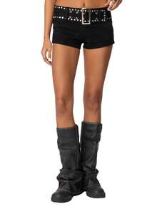 Women Y2k Low Rise Micro Shorts With Rivet Buckle Belt Hot Girl Slim Fit Shorts Punk Vintage Going Out Mini Shorts Skinny Bottoms Clubwear Streetwear - 黑色 - 查看 2