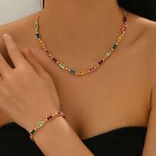 2pcs Summer Elegant Necklace + Bracelet Jewelry Set For Women, Fashion Minimalist Geometric Square Colorful Rhinestone Inlaid Design, Suitable For Daily, Wedding, Dating, Holiday Exquisite Gift Accessory - Multicolor - View 5