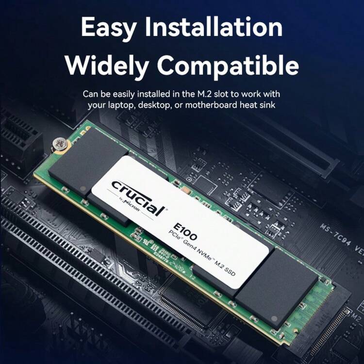 Crucial E100 480GB 1TB M.2 NVMe PCIe Gen4 Internal SSD, Up To 5,000MB/S, Laptop & Desktop Compatible, SSD Highspeed Storage Solution, Slim Profile SSD, Compact SSD, Durable SSD, Highperformance SSD, Fast SSD Drive, Pcie 4.0 SSD, Pc Enthusiasts, Gamers, Highspeed Data Transfer, Laptop Compatible Ssd, Lowprofile Ssd, Sleek Storage Device, Efficient Cooling, Gamers Storage, Pc Builders - Black - View 6