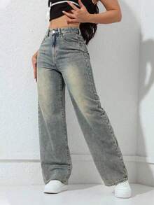Teenage Girls' Minimalist Fashion Casual Straight Leg Jeans With Pockets - Light Wash - View 6