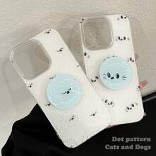 1 件白色可爱波尔卡圆点卡通动物表情镀金支架手机壳，创意猫狗设计，兼容 17、16 Pro Max、15、13，防摔硬壳 - 白色 - 查看 2