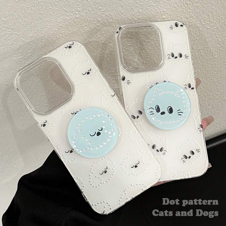 1 件白色可爱波尔卡圆点卡通动物表情镀金支架手机壳，创意猫狗设计，兼容 17、16 Pro Max、15、13，防摔硬壳