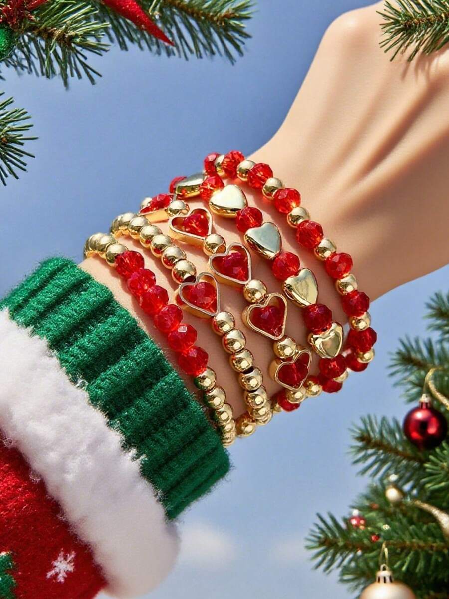 5pcs Fashionable Delicate Versatile Red Heart Beaded Christmas Bracelet, Suitable For Women's Holiday Gatherings, Parties, Banquets, A Great Gift For Her