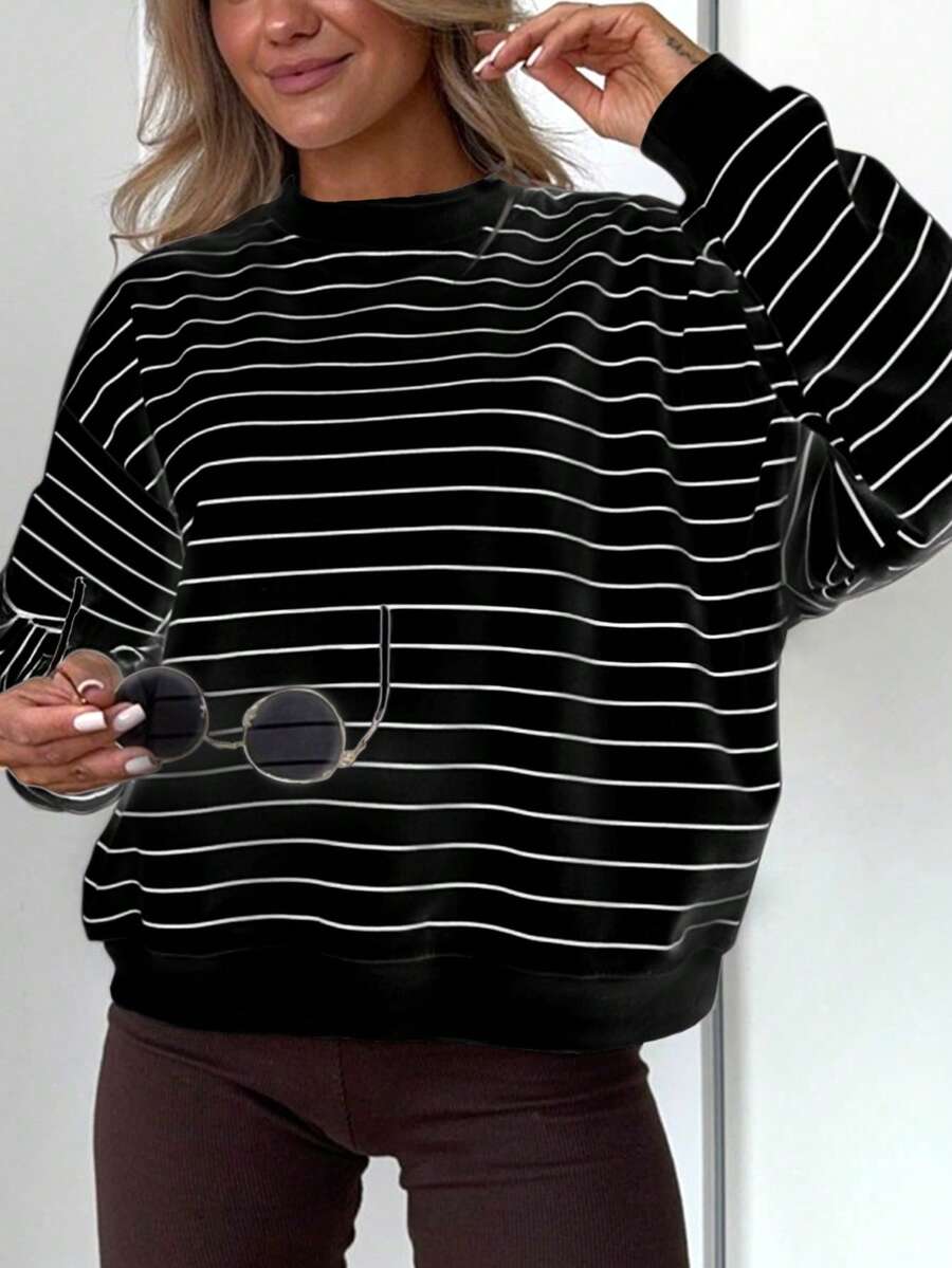 Women's Casual Black & White Striped Long Sleeve Sweatshirt, Comfortable & Minimalist Style, Autumn Spring - Black - View 1