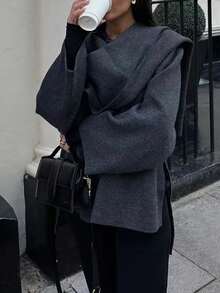 Chaqueta de punto informal con estilo de bufanda, de corte asimétrico y ultra holgada para mujer - Gris - Ver 8