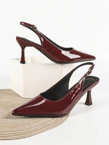 女士酒红色高跟鞋，尖头露跟高跟礼服鞋，漆皮细高跟鞋，猫跟，优雅 - 酒紅色 - 查看 5