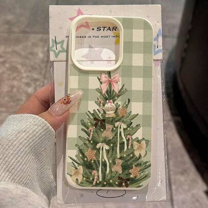 1pc TPU Material Cute & Fresh Plaid Christmas Tree, Bow, Teddy Bear, Candy Cane Pattern Phone Case Compatible With IPhone//Redmi
