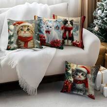 4pcs Christmas Cat Pattern Set - Single-Sided Printed Throw Pillow Cover 45*45cm - Multicolor - View 10