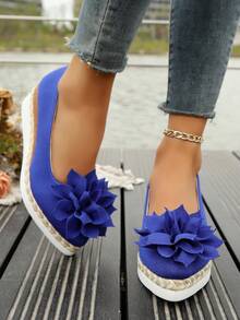 1 Pair Navy Pearl Linen Lotus Thick Platform Pointed Toe Slip-On Casual Comfortable Non-Slip Loafers, Versatile Women Shoes Suitable For Halloween, Sports, Casual, Home, Office, Party, Wedding, All Seasons