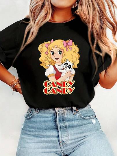 Magliette da donna,Women's Cute Cartoon Print T-Shirt, Short Sleeve Crew Neck, Casual 100%Cotton Knit Top with "Candy" Text - Black, everyday Tshirt | Cartoon Graphic Tee | Cheerful Design, Ladies T Shirts