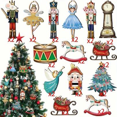 24pcs Christmas Dancing Girl, 2D Flat Nutcracker Christmas Tree Ornaments, Sleigh Hanging Decorations, Room Decoration Supplies