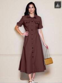 Women's Long Midi Dress With Buttons, Short Sleeves, With Pockets, Tailored Shirt, Elegant, Sensorial, Evangelical Fashion, Accentuated, Chemise 2026 - 咖啡 - 查看 2