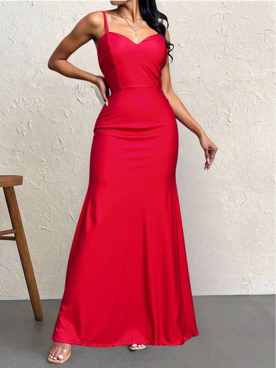 Elegante vestido satinado de tirantes espagueti – ideal para bodas, XV años, graduaciones y eventos de noche - Rojo - Ver 1