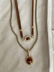 1pc Vintage Brown Stone Bead Pendant Necklace, Gold Plated Chain Layered Metal Necklace, Autumn/Winter Sweater Jewelry, Gift For Women - Multicolor - View 7