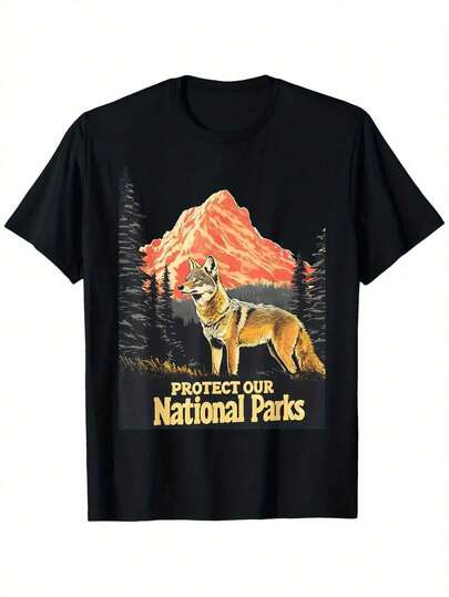 Camiseta gráfica retro vintage para hombres y mujeres que protege nuestros parques nacionales - diseño de lobo y , camiseta casual de manga corta para exteriores con estampado de lobo y montaña, ajuste cómodo para todas las estaciones, tela de elasticidad media, tallas unisex para adultos, ideal para senderismo y visitas a parques nacionales, lavable a máquina y seca en la limpieza, negra con diseño de lobo y paisaje del Parque Nacional de , cuello redondo, tema de naturaleza de bosque retro, ideal para ropa casual y actividades al aire libre, apoya la conservación de parques