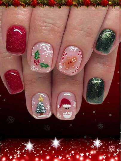 24pcs Short European Style Fake Nails, Christmas Wearable Nails Santa Claus Gingerbread Man Christmas Tree Snowflake Glitter Short Glossy Square Nails, Full Coverage Detachable Nail Set, Suitable For Parties, Proms, And Everyday Wear.