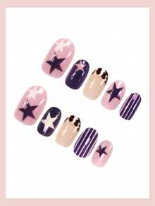 24片椭圆形按压式美甲贴片，豹纹法式短款假指甲，海军蓝星形图案，复古全覆盖式人造指甲，适合女性和女孩日常佩戴、约会、派对美甲用品 - 粉色 - 查看 3