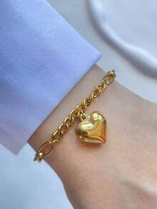 1pc STYLEVER Gold-Color A-Z Letter Bracelet, Rhinestone Letter, Horseshoe Clasp Bracelet, Heart Pendant Bracelet, Stainless Steel Chain, Christmas Gift, Halloween Gift - Golden - View 17