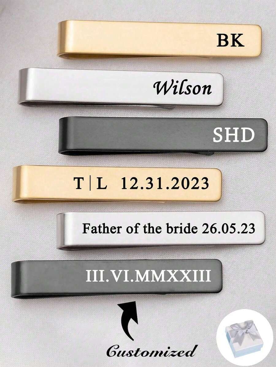 1 Set Customized Engraved Tie Clip, Personalized Cufflinks, Silver Round Cufflinks And Tie Clip Set With Letter, Stainless Steel Engraved Round Cufflinks, Suitable As Bride's Gift, Anniversary Gift Or Valentine's Day Gift For Husband - Multicolor - View 1