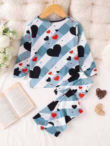 New Boys Pyjama Set Blue And White Striped Heart Print Boys Dressing Gown Casual And Comfortable Home Clothes Round Neck Long Sleeve Two Pieces Suit