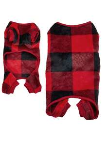 1 件法兰绒圣诞格子保暖宠物连体衣，猫/狗秋冬睡衣，圣诞节 - 紅色 - 查看 13