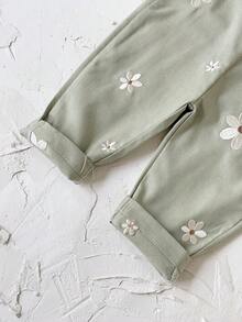 Baby Girls' Casual All-Over Embroidered Floral Light Blue Suspender Pants, Summer