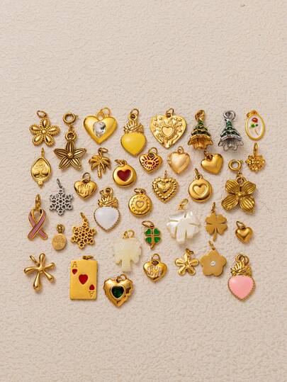 1 stycke fashionabelt, hett säljande pokerkort, hjärtformad blomma, kärlek, klöver, livsträd, ros, snöflinga, julgran, hänge i rostfritt stål, rostfritt stål pläterat med 18K guld, gör-det-själv-smycken, gör-det-själv-halsbandstillbehör, armbandstillbehör, nyckelringstillbehör, lätt att matcha, lämplig för dagliga fritidsfestivaler som ett utsökt gör-det-själv-hänge att bära.