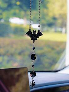 Halloween Gothic Car Rearview Mirror Hanging Ornament Black Moon Spider Web Crystal Suncatcher For Car Interior Decoration - Black - View 7