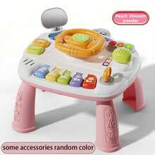 Juguete de cochecito de bebé en miniatura, volante de juguete para el asiento trasero de niños con diseño de dibujos animados, asiento de coche de simulación educativa con patas de mesa desmontables, con luz y sonido, adecuado para niños de 1 a 3 años, regalo ideal (baterías no incluidas)