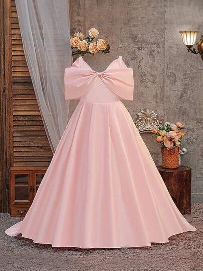 Vestido de princesa para meninas pré-adolescentes, com ombros à mostra e laço, elegante e com cauda, ideal para casamentos, festas de aniversário e concursos de beleza.