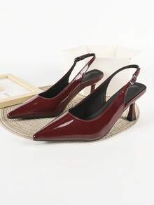 女士酒红色高跟鞋，尖头露跟高跟礼服鞋，漆皮细高跟鞋，猫跟，优雅 - 酒紅色 - 查看 2