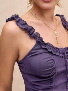 Women Lace Trim Tank Tops Y2k Tie Front Semi Sheer Crop Vest Cute Sleeveless Slim Fit Babydoll Cami Shirt - 紫色 - 查看 3