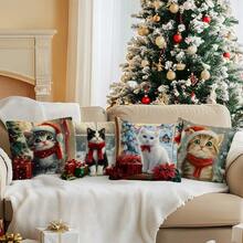 4pcs Christmas Cat Pattern Set - Single-Sided Printed Throw Pillow Cover 45*45cm - Multicolor - View 6
