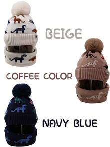 2 件恐龙冬季儿童针织帽，男孩女孩保暖内衬无檐小便帽围巾套装，厚针织绒球帽和颈部保暖围巾套装