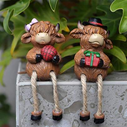 2Pcs Highland Cow Figurines Long Legged Sitting Cow Couple Statues Shelf Sitters For Home Garden Decor