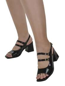 Women's Shoes Pumps Square Toe Open 3 Buckles High Block Heel Sandals Fashion Naty Shoes Spring Summer - 黑色 - 查看 3