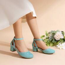 Little Girl's Wedding Party Pumps - Closed Toe High Heels With Ankle Strap For Toddler & Big Kid - 藍色 - 查看 2