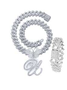 银色女士项链 A-Z 首字母个性化嘻哈经典蝴蝶字母吊坠链项链和手链套装饰物 26 个幸运字母，适合男女日常佩戴情人节时尚珠宝礼物，妈妈，母亲，母亲节，礼物 - 蝴蝶型 - 查看 84